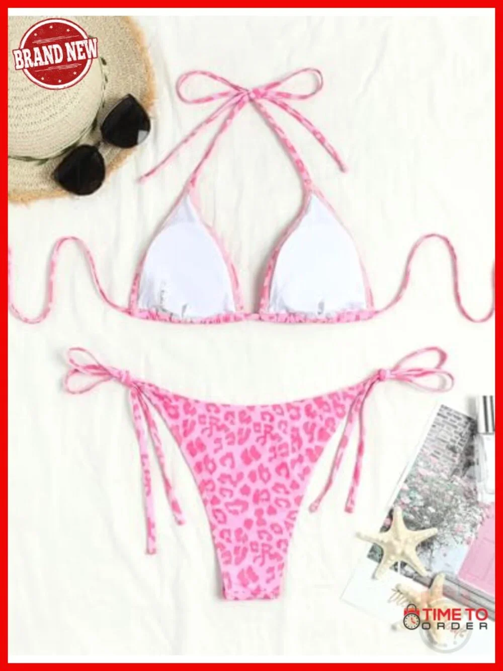 Printed Triangle Bikini Set - Halter Top, High Cut Side Tie Bottom, Quick Dry,
